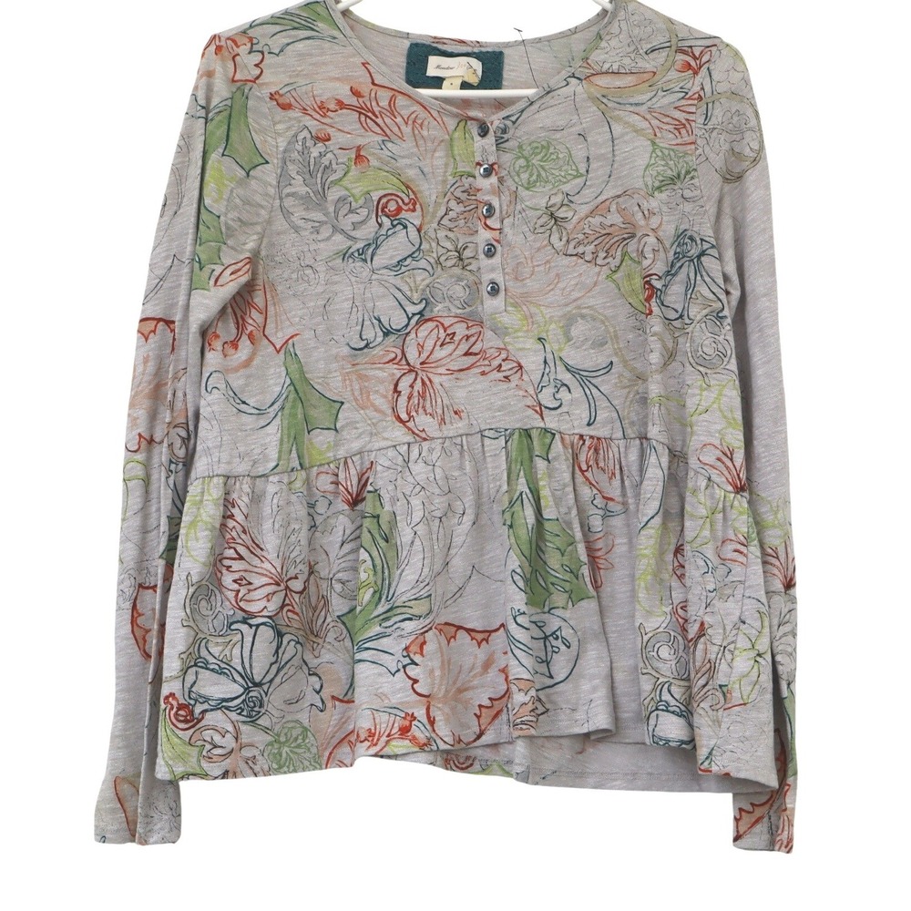 Meadow Rue Anthropologie Floral Peplum Henley Women Top Grey Long Sleeve‎ Small